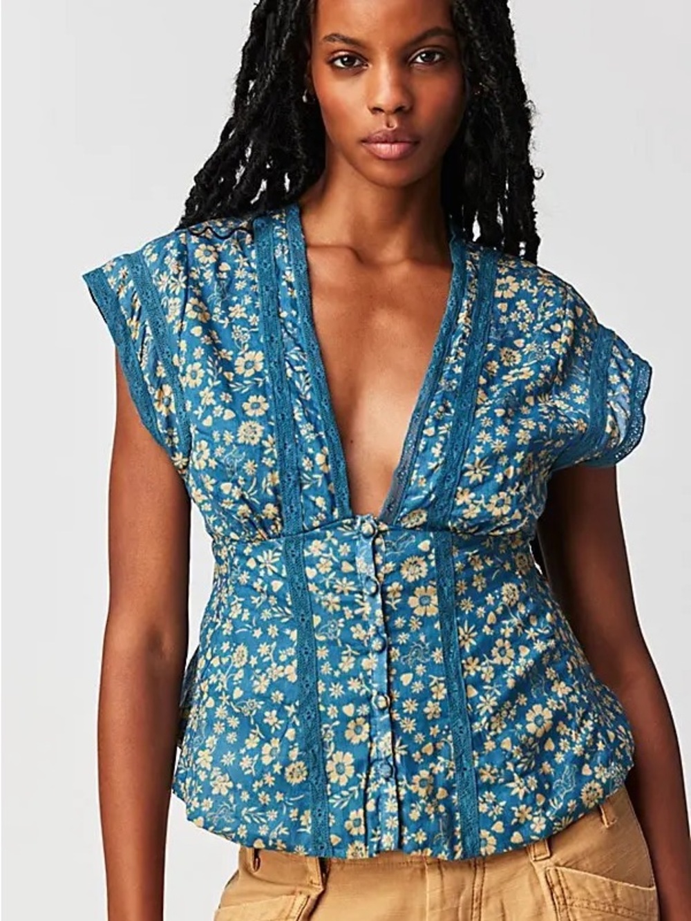 Free People Floral V Neck Blouse